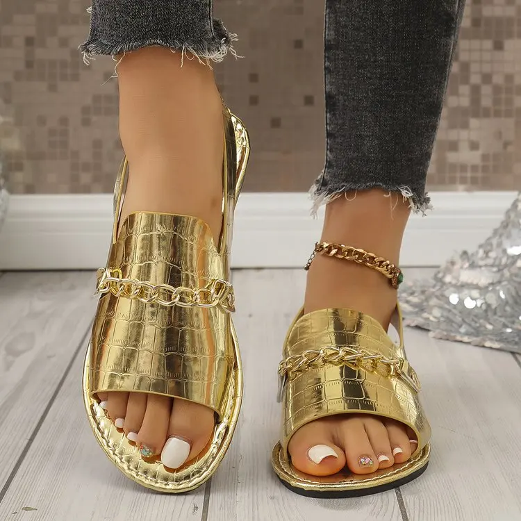 Damen Glitzer-Gold-Pantoletten Sommer Metallic Strukturierte Sandalen mit Ketten-Dekor Große Größen Offene Zehen Flache Slides Damen-Hausschuhe – Detail 3