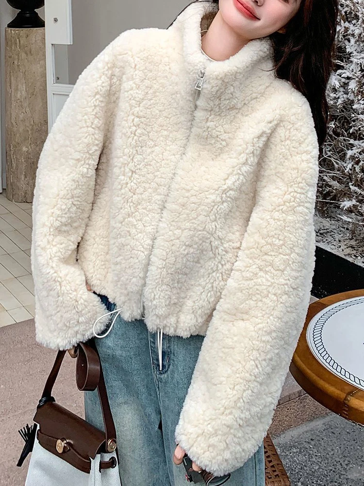 Cute White Faux Lamb Coat Women Winter Warm Long Sleeve Stand Collar Sweet Jacket Loose Vintage Preppy Style Kawaii Outwear Tops