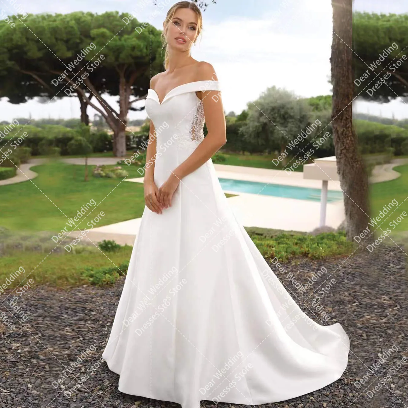 Vestidos de casamento de cetim sem costas para mulheres, linha, fora do ombro, ilusão de apliques, boho, lindo, simples, vestidos de noiva formais, 2024