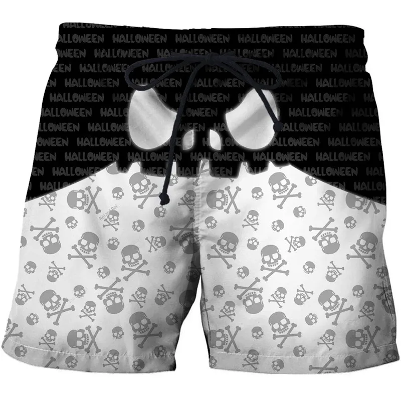 Shorts masculinos casuais estampados, shorts caseiros confortáveis, shorts populares de verão, shorts de praia ao ar livre, cabeça de caveira