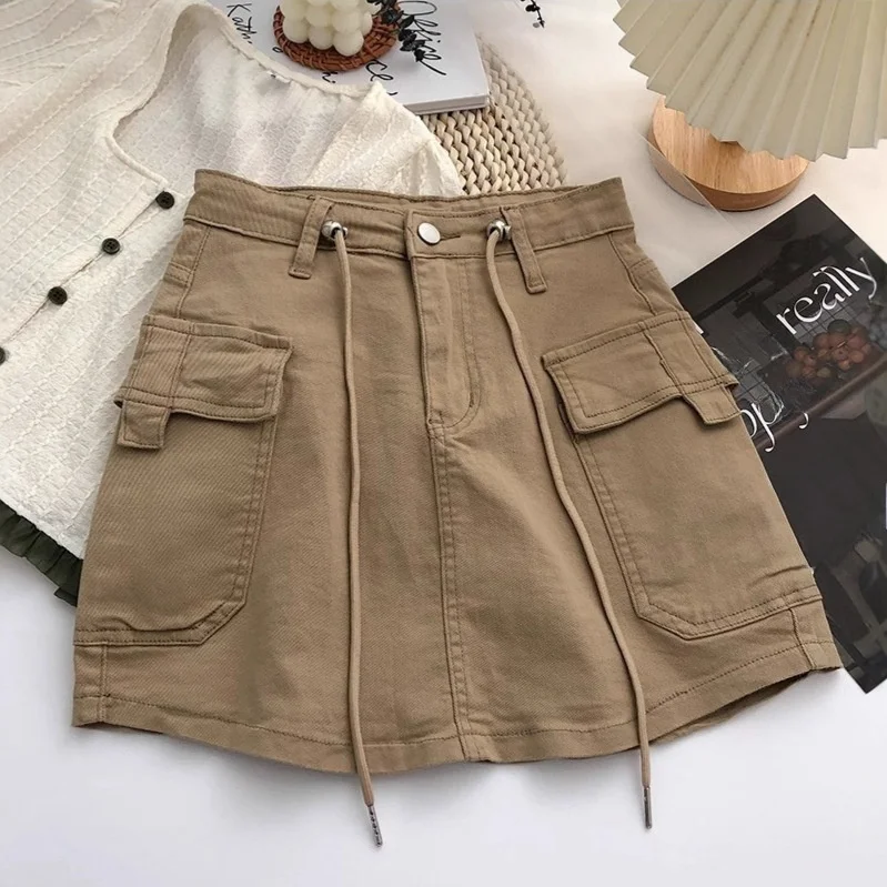High Waist Drawstring Cargo Denim Short Skirt Women's Slim Fit A-Line  Skirt Anti-Light Half-length Skirt
