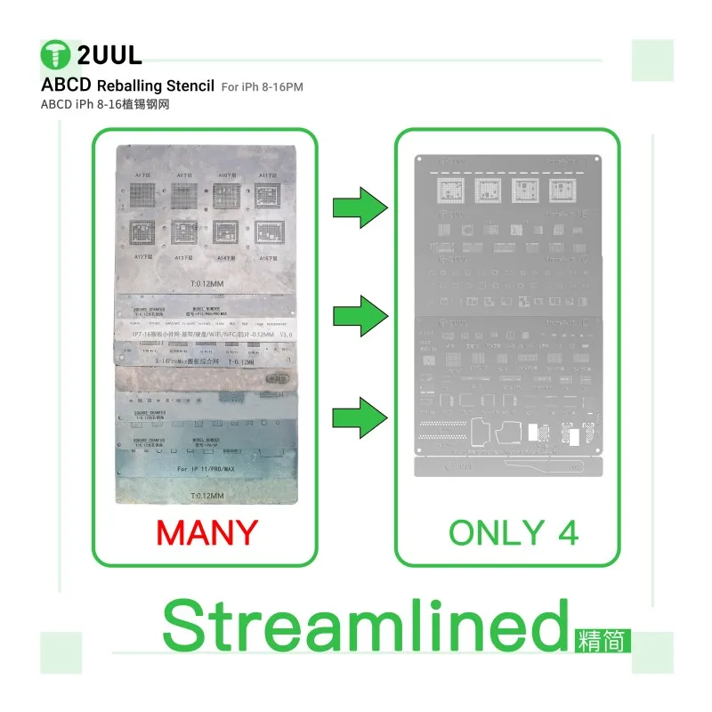 

2UUL BG01 ABCD 4 шт. набор трафаретов для реболлинга, лезвие для удаления клея, инструмент для ремонта чипов жесткого диска IC для iPhone 8-16 pro, все модели