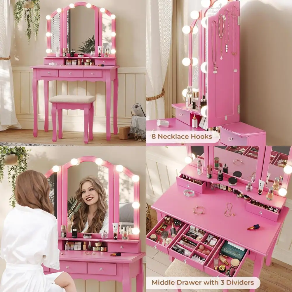 Mesa de vaidade de maquiagem com espelho triplo, 5 gavetas, 8 luzes, banco estofado para aplicação de maquiagem profissional