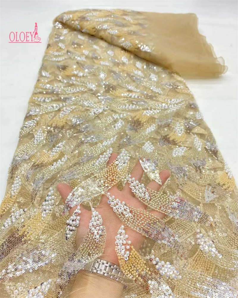 

OLOEY Высококачественная сетчатая кружевная ткань ручной работы Broderie с блестками и бусинами для вечернего платья, горячая вышивка