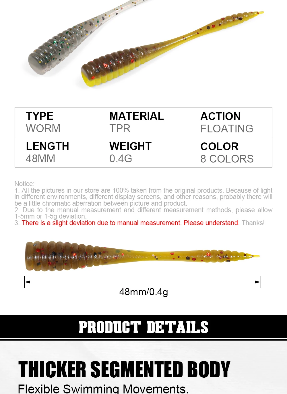 Palisander 4,8 cm TPR Micro Soft Worm Stick Bait Rockfish Tpr Angelköder Light Game Ajing Makrele Crappie Sunfish Bass Tackle – Detail 2