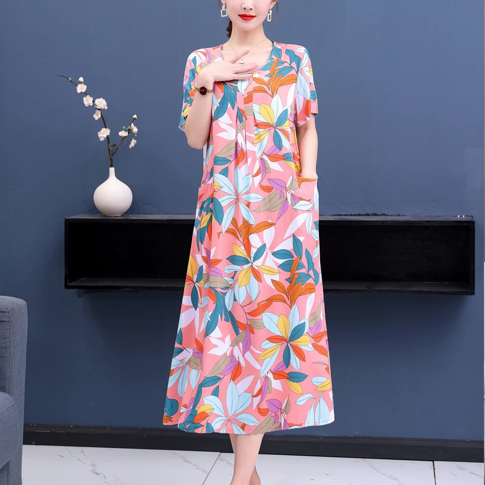 New Fashion Casual 2023 Summer Dresses For Women Vintage Short Sleeve O-Neck Printing Loose Floral Dress Women Clothes