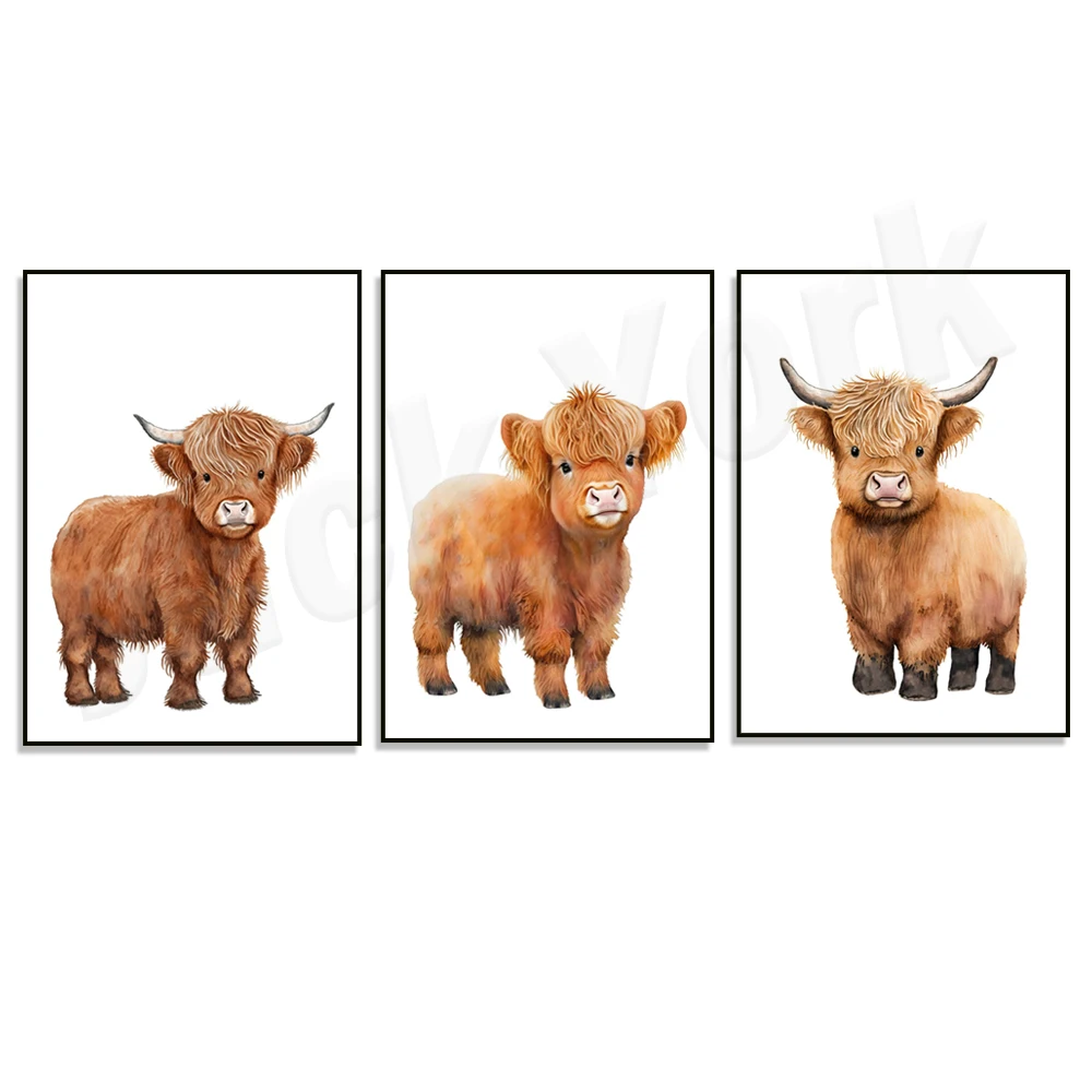 Cottage farm calf, watercolor highland cattle country farm nursery decoration, animal poster