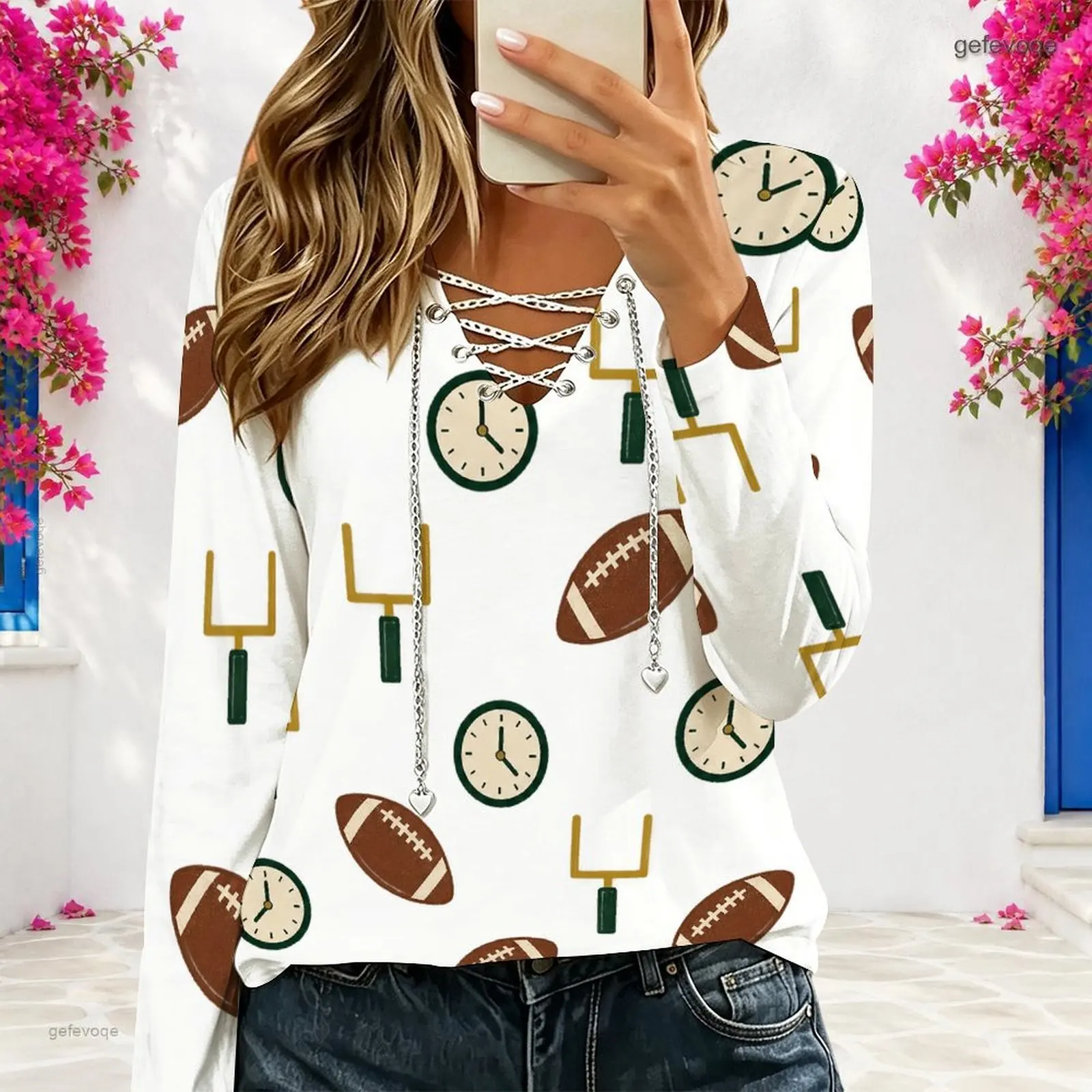 Women White Printed Long Sleeve Top, V Neck Eyelet Chain Lace Up with Football Clock Goal Post Patterns
