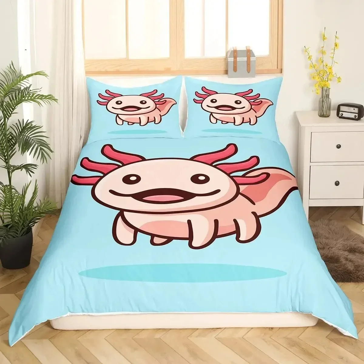 Cartoon Axolotl Duvet Cover Set KingQueen Size Kids Girls Boys Cute Rainbow Sea Wildlife Animal Reptile Polyester Bedding Set