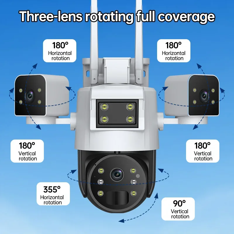 Rscamtom Dual Panel Solar Outdoor Camera 4G Sim Card Triple Lens 360 Degree Motion Detection Night Vision Full Color CCTV Camera