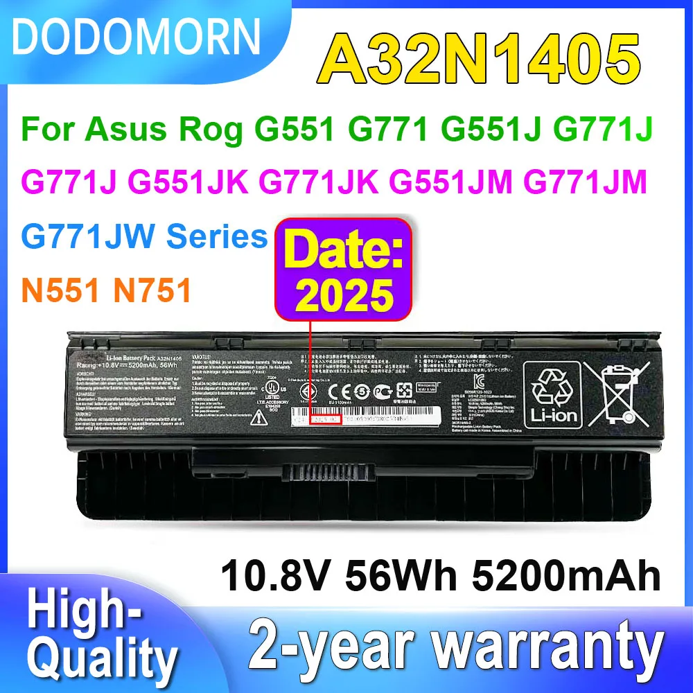 

Аккумулятор для ноутбука DODOMORN 5200 мАч A32N1405 для ASUS ROG G551JK G771JK G551JM G771JM G771JW N551 N751 Series 10.8V 56Wh Li-Ion