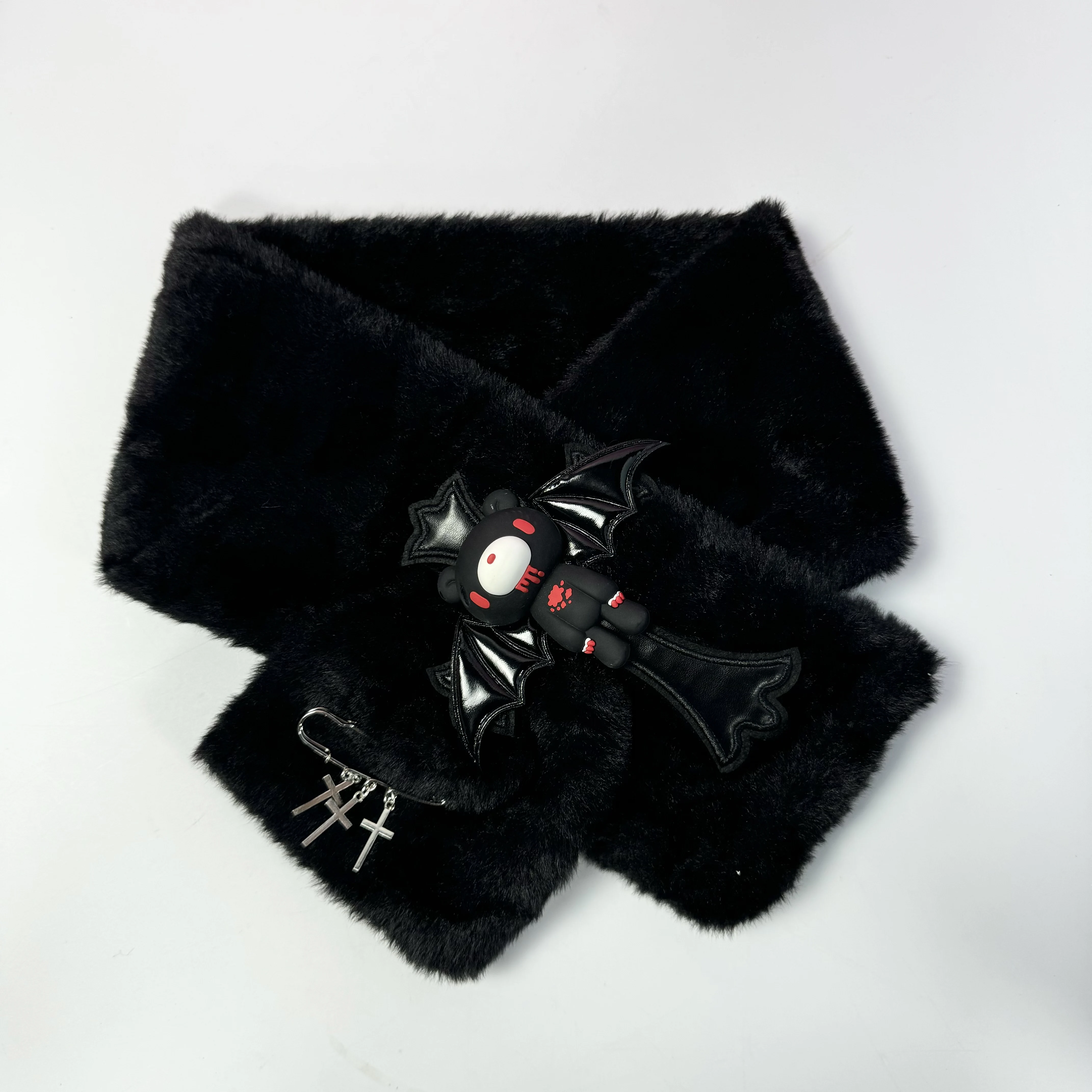 Black Gothic Fluffy Plush Scarf with Bear Bat Brooch & Cross Pendant, Warm Faux Fur Neck Warmer, Women Winter Streetwear Accesso