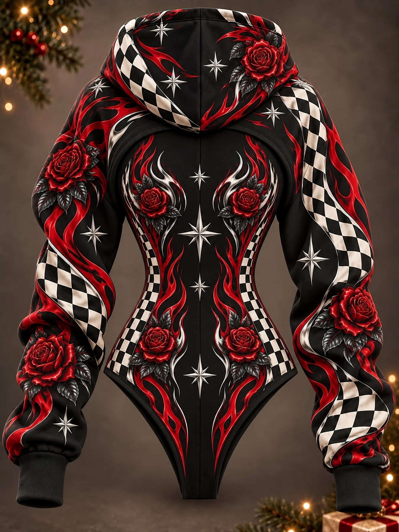 Women's Racing Checker Roses Print Cutout Hooded Sweatshirt Bodysuit Two-Piece Set Long Sleeve Casual Fall Winter Outfit