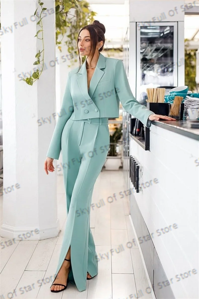 Green Summer Women Suit Set Customized 2 Pcs Short Blazer+Flare Pants Trousers Formal Office Lady Jacket Wedding Prom Dress