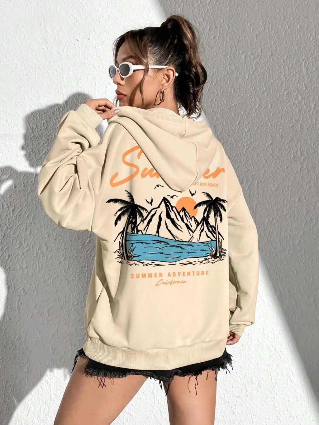 Summer Adventure Funny Beach Coconut Tree Printed Tops Fashion Warm Hooded Casual Cartoon Hoodie Loose Personality Women Hoody