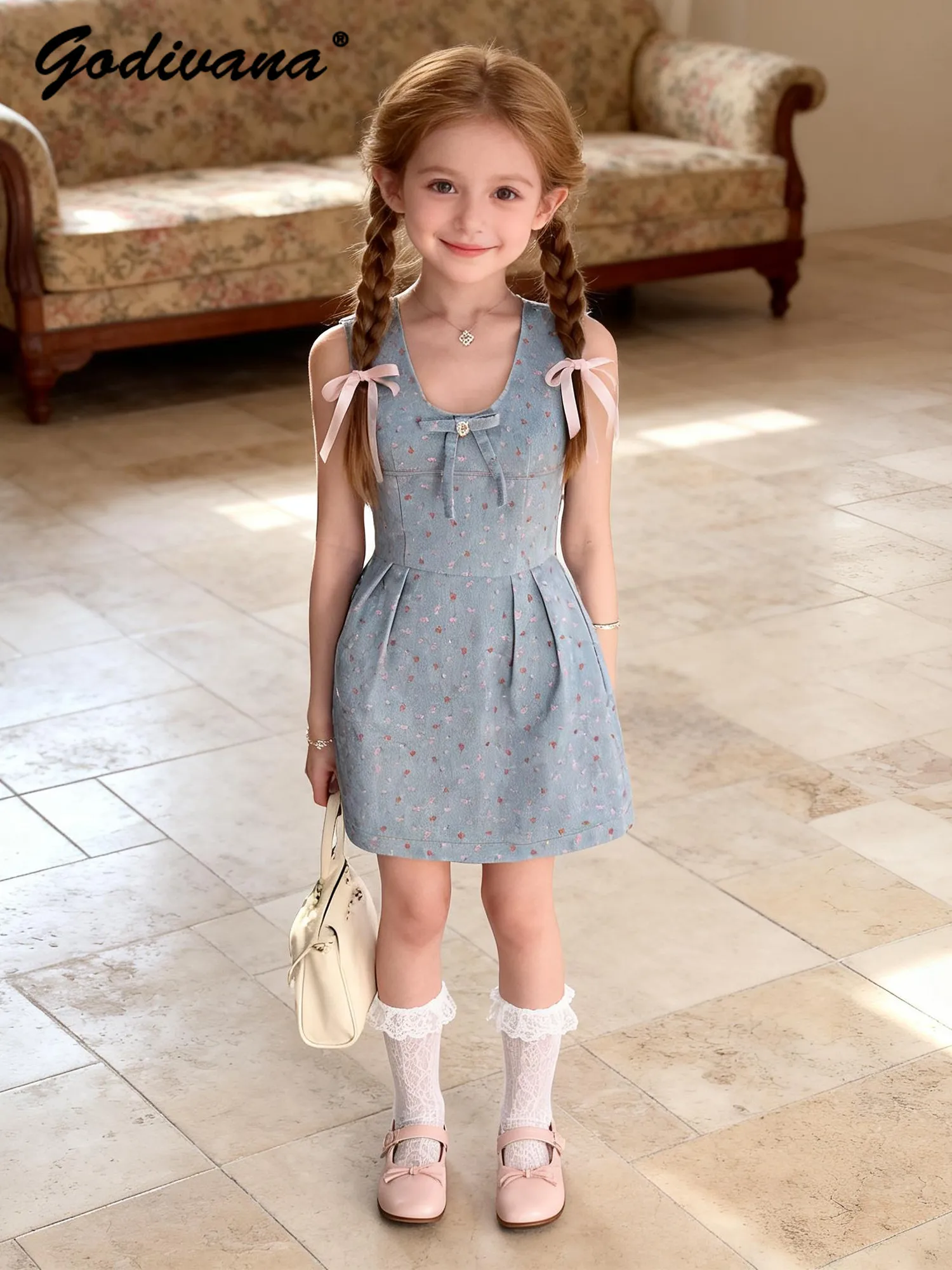 Sweet Baby Girls 2026 Summer New Floral Sleeveless Sundress Little Girls Korean Fashion Blue Bow High Waist Silm Casual Dress