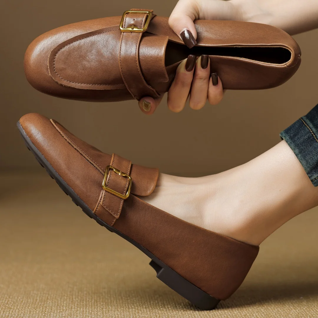 

Women's cow leather round toe metal buckle slip-on flats loafers high quality soft comfortable casual daily moccasins shoes sale