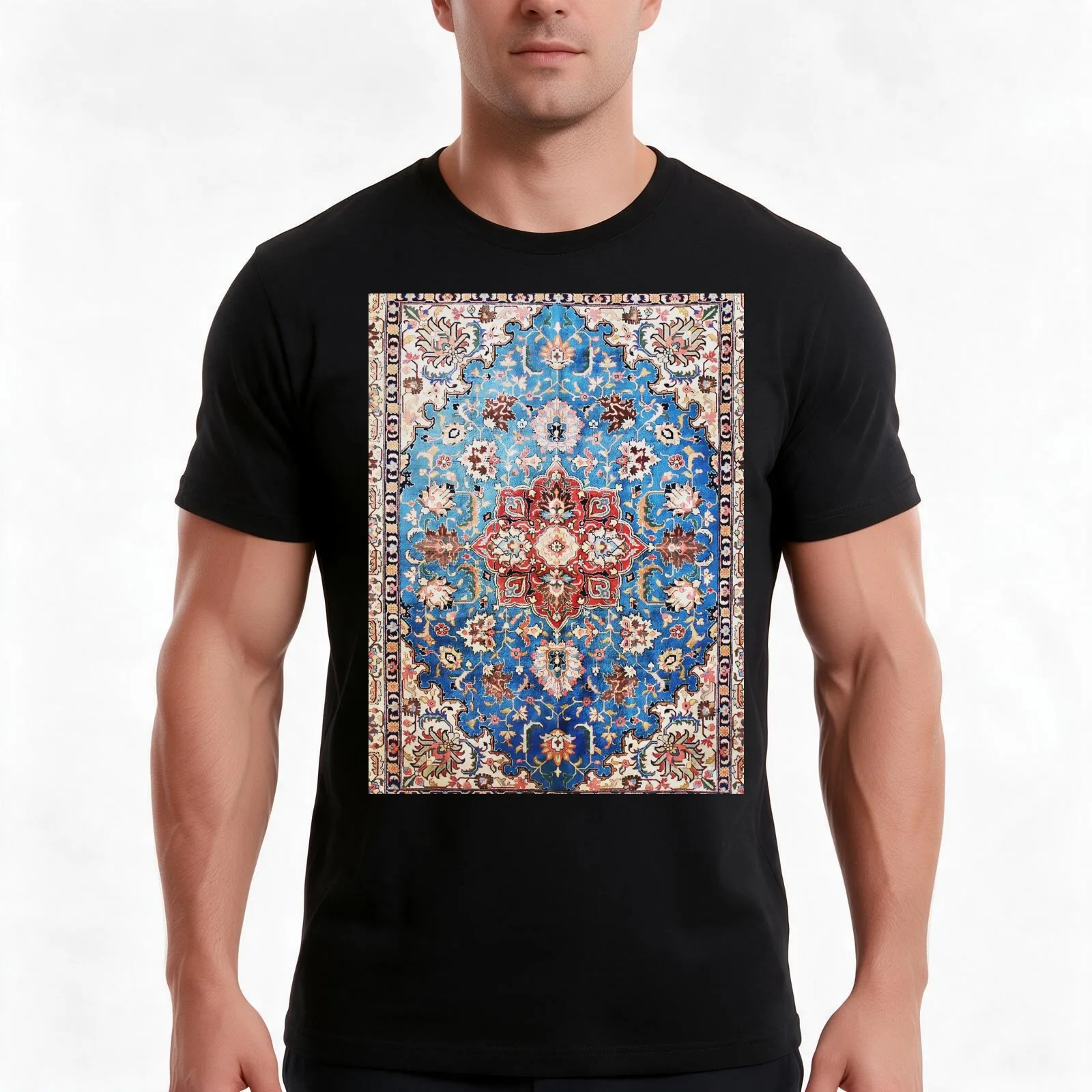 Tabriz Rug With Blue Field Print T-Shirt Summer Casual Cotton Tee Oversized Streetwear Tops Vintage Graphic Print