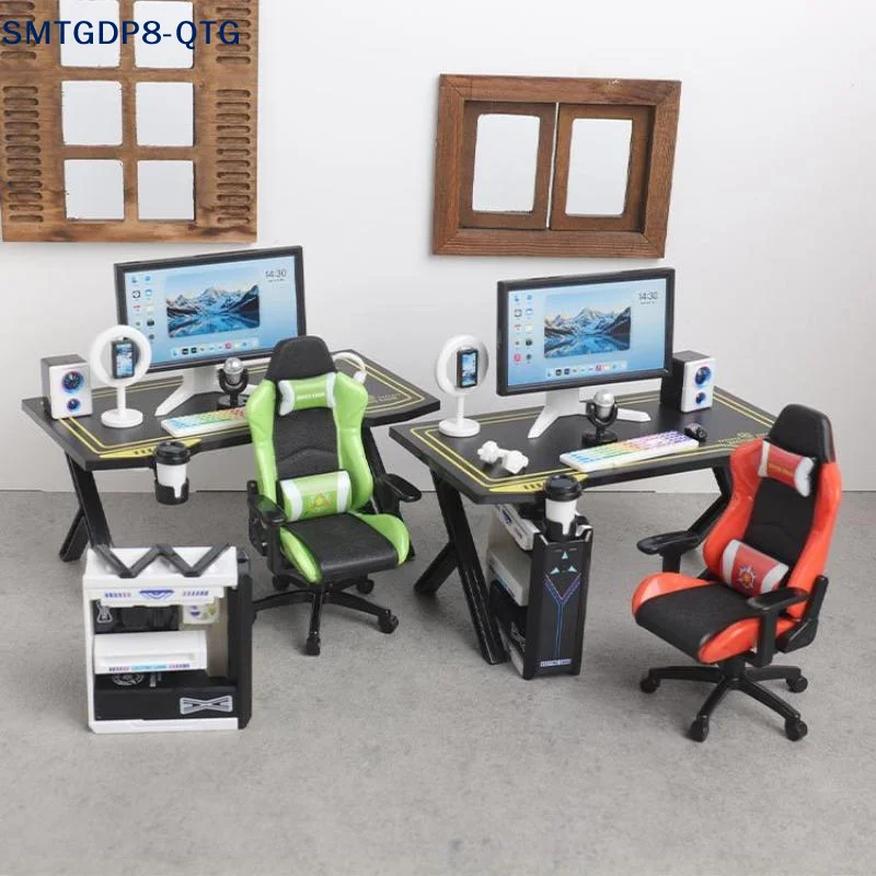 *Mini Gaming Desk Chair Set Dollhouse Computer Table Monitor Host Model Dollhouse Realistic DIY Furniture Collectible Toy Gift