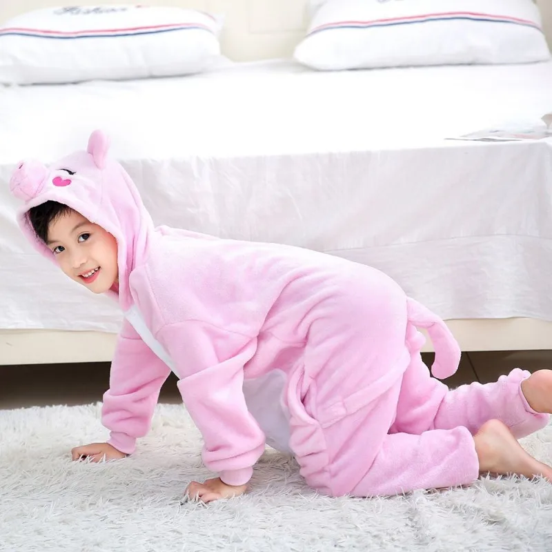 Family Pink Animal Cartoon Winter Pajamas Polyester Warm Length To The Floor Cute Cosplay Sleepwear Halloween Costume