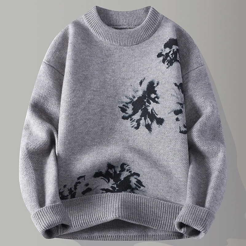 

Мужской утепленный вязаный свитер на осень-зиму с воротником-стойкой, теплый базовый слой, молодежный трендовый повседневный свитер с цветочным узором