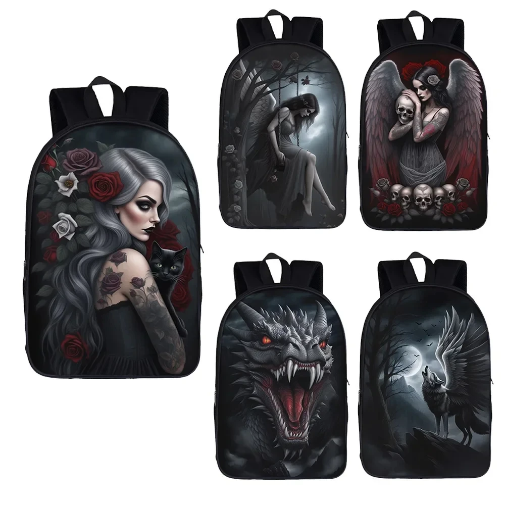 

Dark Gothic Angel / Punk Death Skull Print Backpack Howling Wolf and Dragon Student School Bags Women Men Laptop Daypack Gift