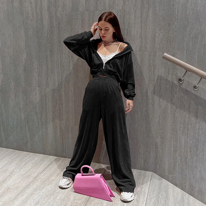 Sleepwear Autumn Women Clothes Casual Velvet Hoodie Suit 2 Piece Sets Wide Leg Sweatpants Stacked Sweat Pants مجموعات بانت