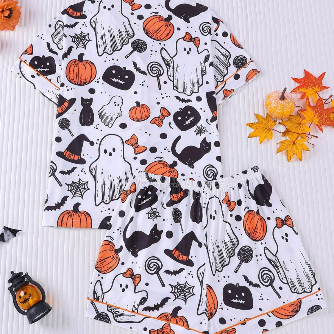 Halloween Ghost Pumpkin Cat Printed Pajamas Set for Women Loungewear Home Wear with Lapels Short Sleeves and Shorts Pants