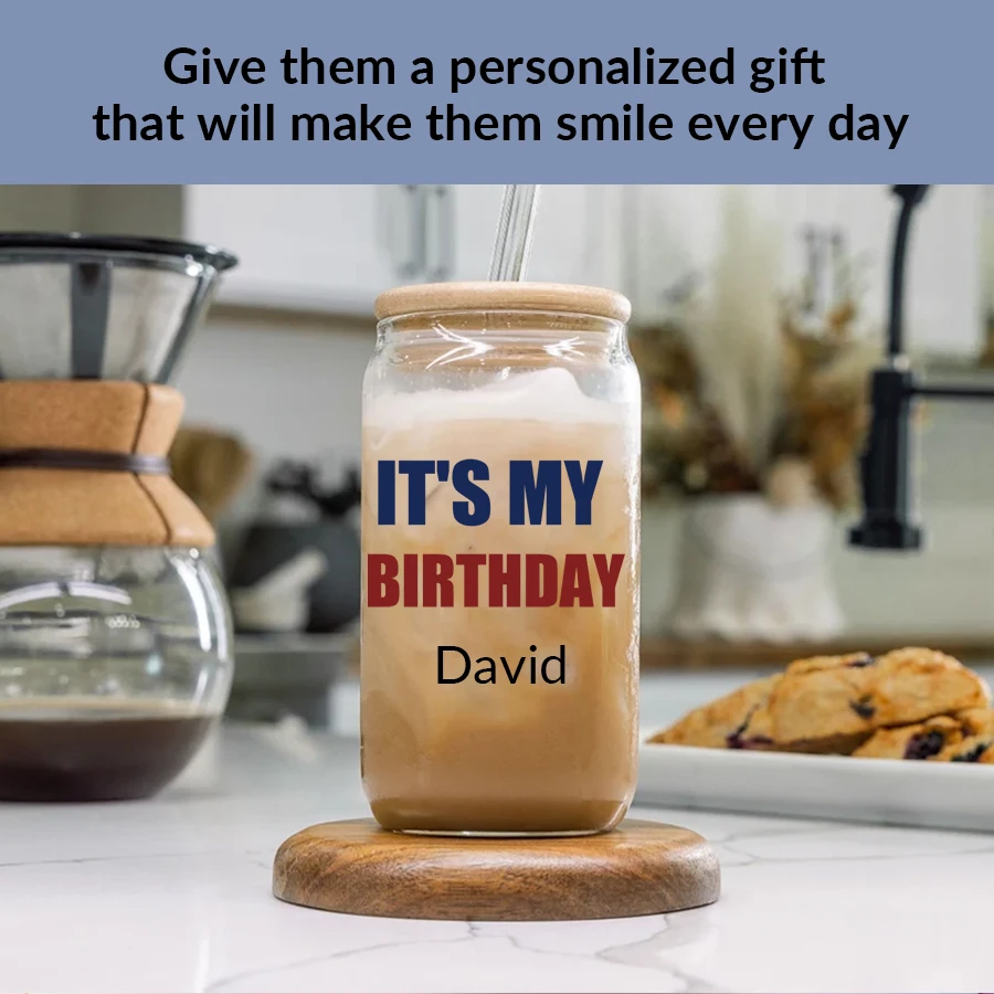 16oz 1Pc Customized Name Birthday Party Glass Mugs with Straw Lid Transparent Print Straight Tumblers Family Causal Kitchen Cups