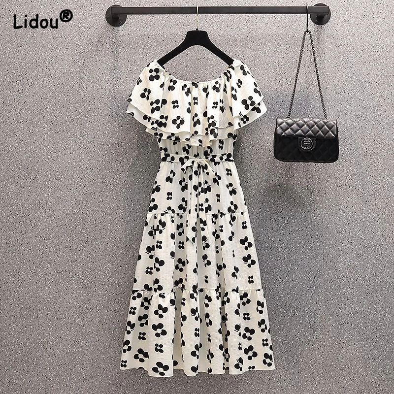 

Casual Slash Neck Off Shoulder Sexy Summer Women Female Simple Fashion Elastic Waist Butterfly Sleeve A-line Skirt Clothing 2022