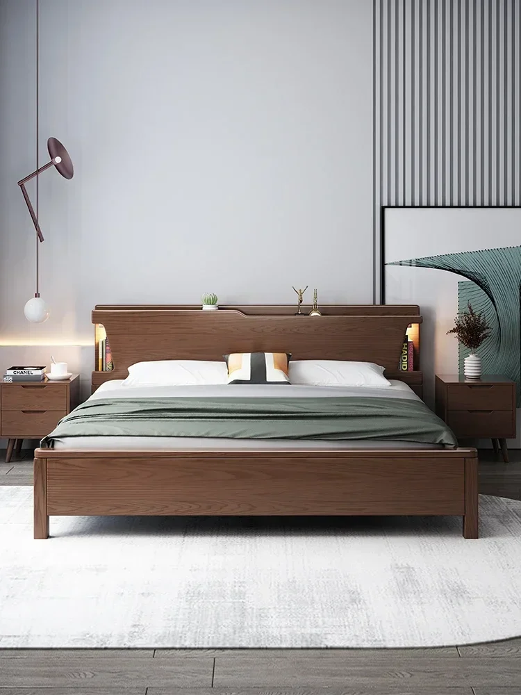 Fraxinus all-solid wood bedstead Modern minimalist double master bedroom light luxury Nordic 1.5m single high box storage.