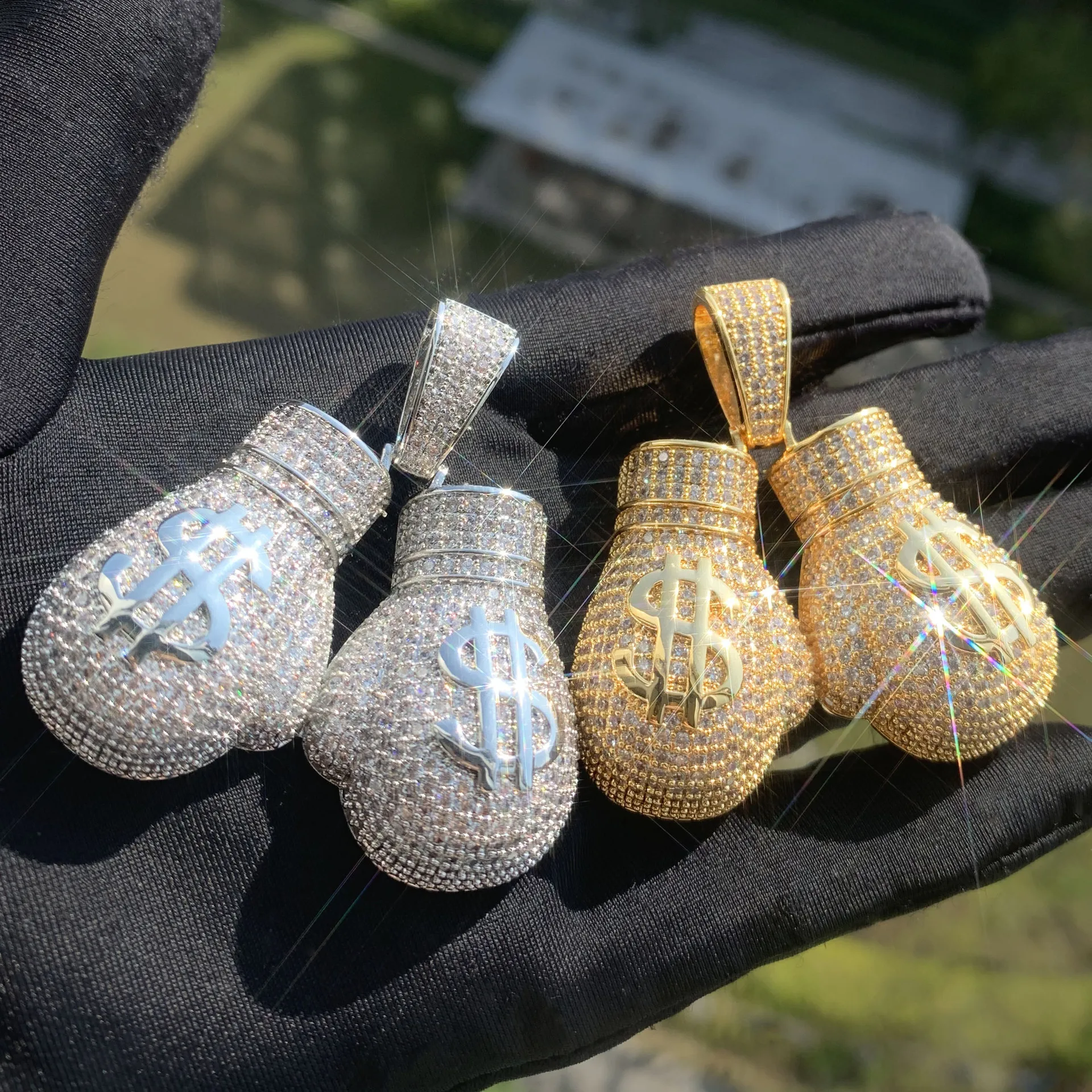 Dollar Boxing Gloves Men Pendant Iced Out Zircon Copper Charm Fashion HipHop Necklace Chain Rock Rapper Jewelry Gift