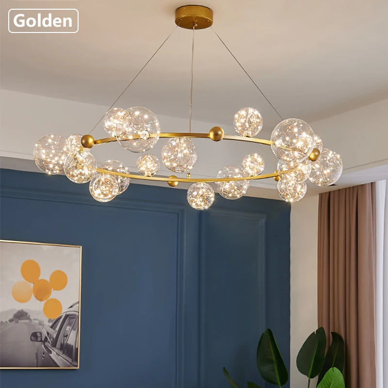 

Glass Ball Decorative Chandelier Living Room Dining Bedroom LED String Lighting Gold/Black Transparent Bubble Lighting Fixtures