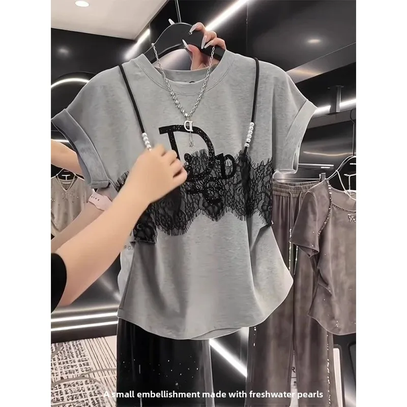 

Faionable Lace Patchwork ort Sve T-irt Women's Summer Versatile Top Korean Sle Slim Fit round Ne Casual Wear