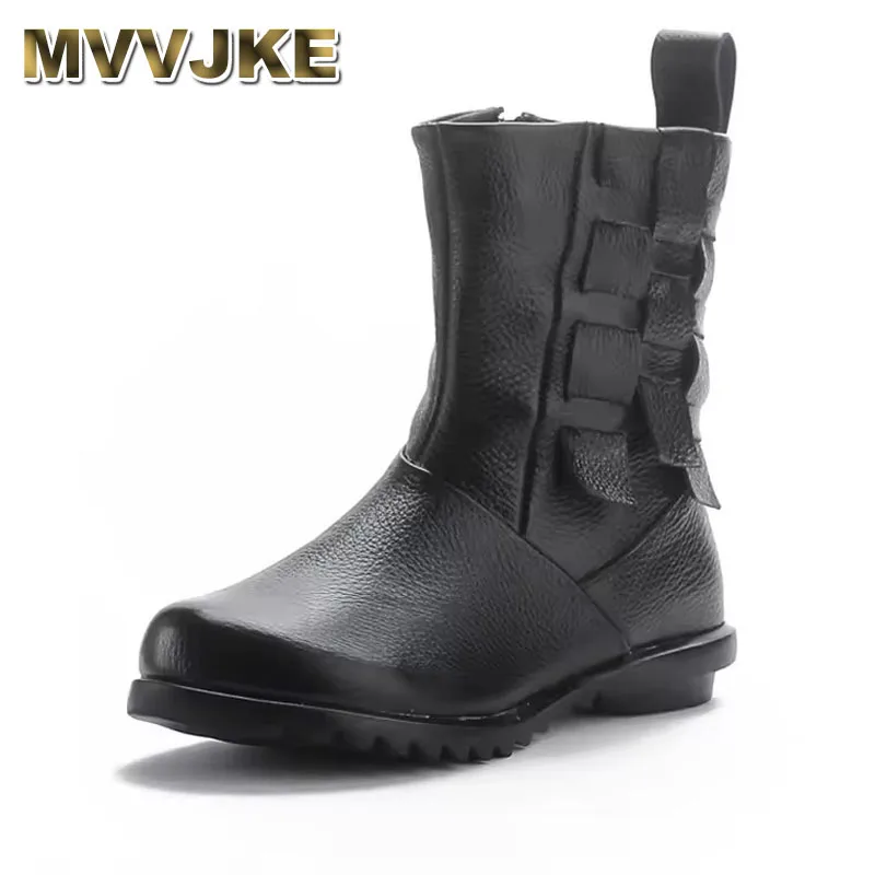 

New Cowhide Flat Bottomed Mid Length Boots Casual Genuine Leather Women's Boots, Comfortable And Warm Women's Cotton Shoes