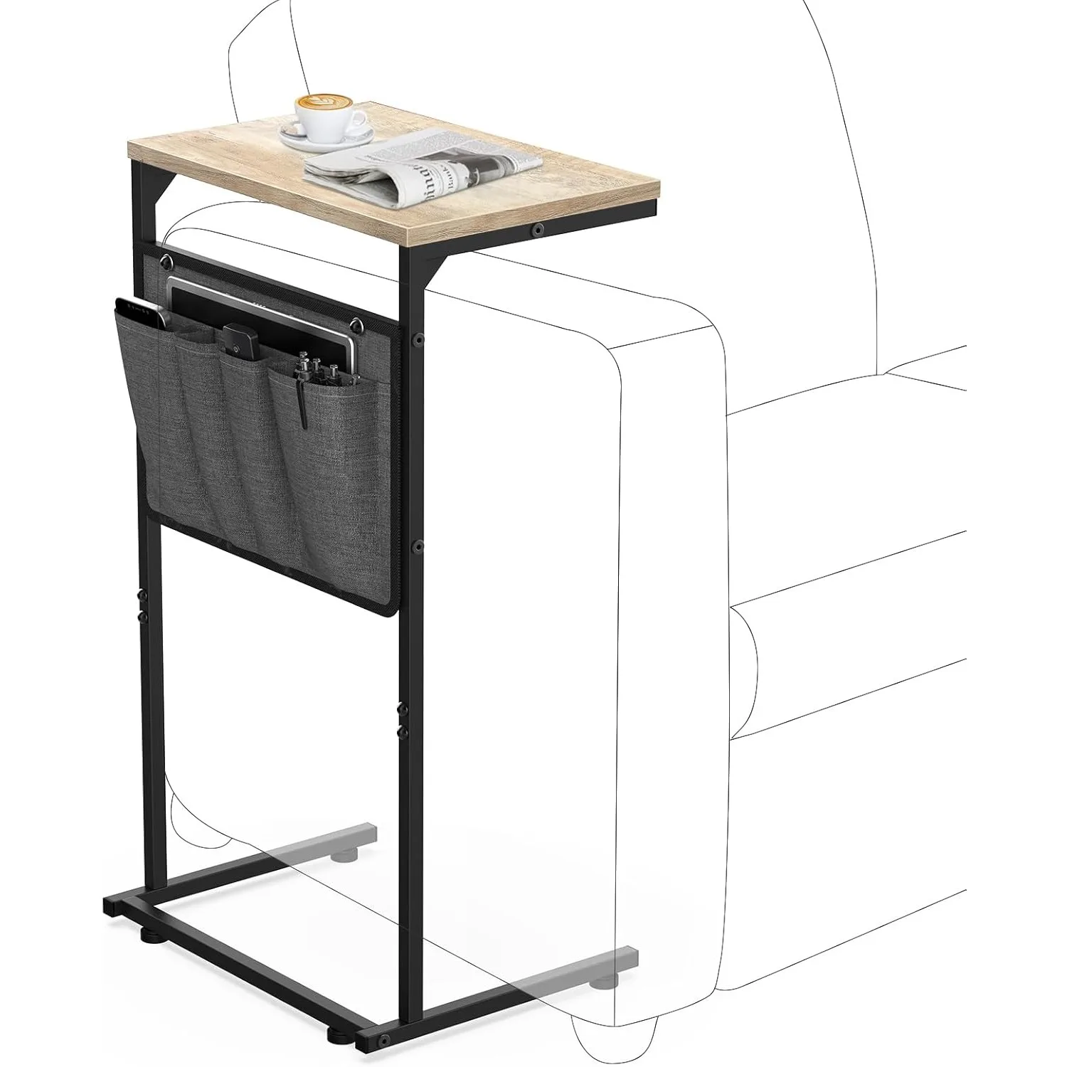 

C-shaped coffee table, small side table with sofa and lounge chair, sliding sofa tray under living room and bedroom tables