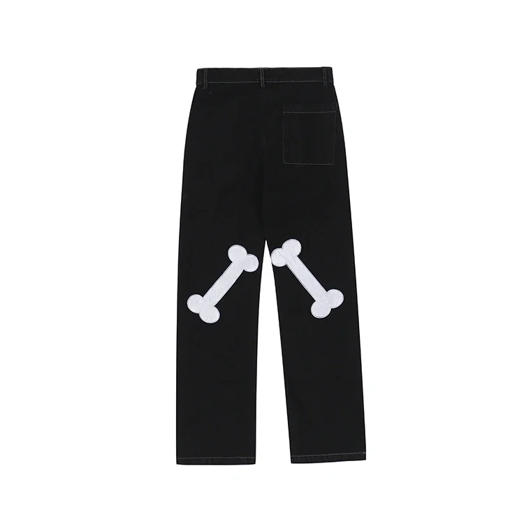 Harajuku Skull Bone Print Denim Pants for Couples Women Punk Hip Hop Gothic Black Jeans Trousers Men Pant Capris Large