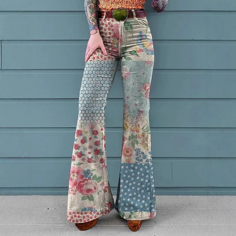 Hot-selling Women's European American Export Retro Floral Patchwork Art Casual Denim Wide-leg Trousers Are Fashionable Comfort