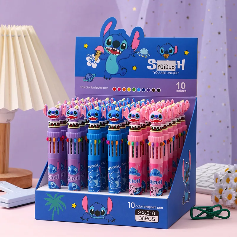 Lilo Stitch Penne a sfera a dieci colori Kawaii Stich Anime Pen Disney Accessori Materiale scolastico Apprendimento Regali di cancelleria per bambini