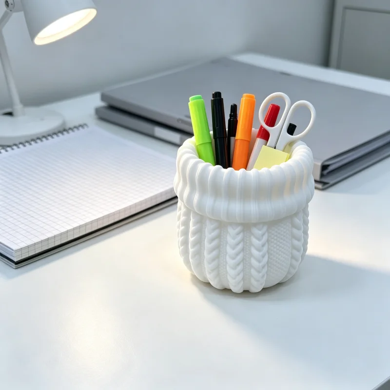 White Cable-Knit Sweater Texture Pen Holder, 3D Embossed Knitted Ribbed Sweater-Style Desktop Storage Box, Matte White with a Soft Texture, Simple Nordic Style Multifunctional Storage Container, Can Be Used as a Stationery Organizer, Makeup Brush Holder, Dressing Table Organizer, Neutral Bohemian Style Versatile for Various Desktop Styles, Suitable for Office Desk, Home Office, Study Room, Dormitory, Dressing Table, Efficiently Saves Desktop Storage Space, Warm Desktop Decoration, Creative Office Gift