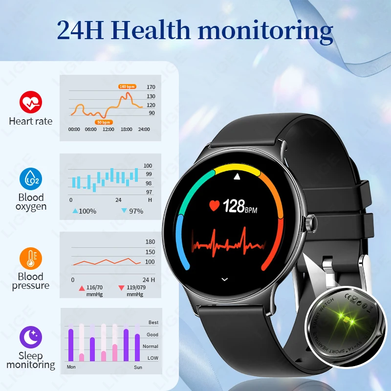 LIGE AMOLED Screen Healt Smart Watch Women Sports Fitness Watch Men Waterproof Smart Watch Bluetooth Call For Android iOS Phones