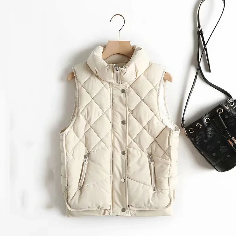 

2025 Stand Collar Zipper Pocket Women's Vest Autumn Winter Diamond Cotton Vest Jacket Female Sleeveless Coat Warm Waistcoat