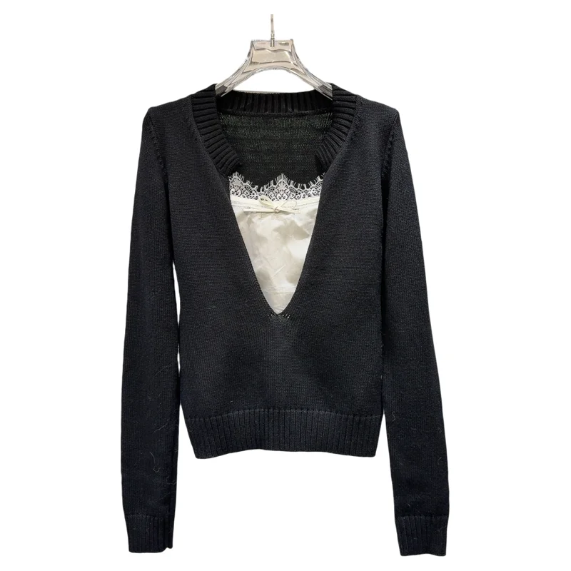 Trendy Lace Splicing Color Blo V-ne Strickpullover Frühling 2026 Ele Ladylike Small IRT für junge Frauen