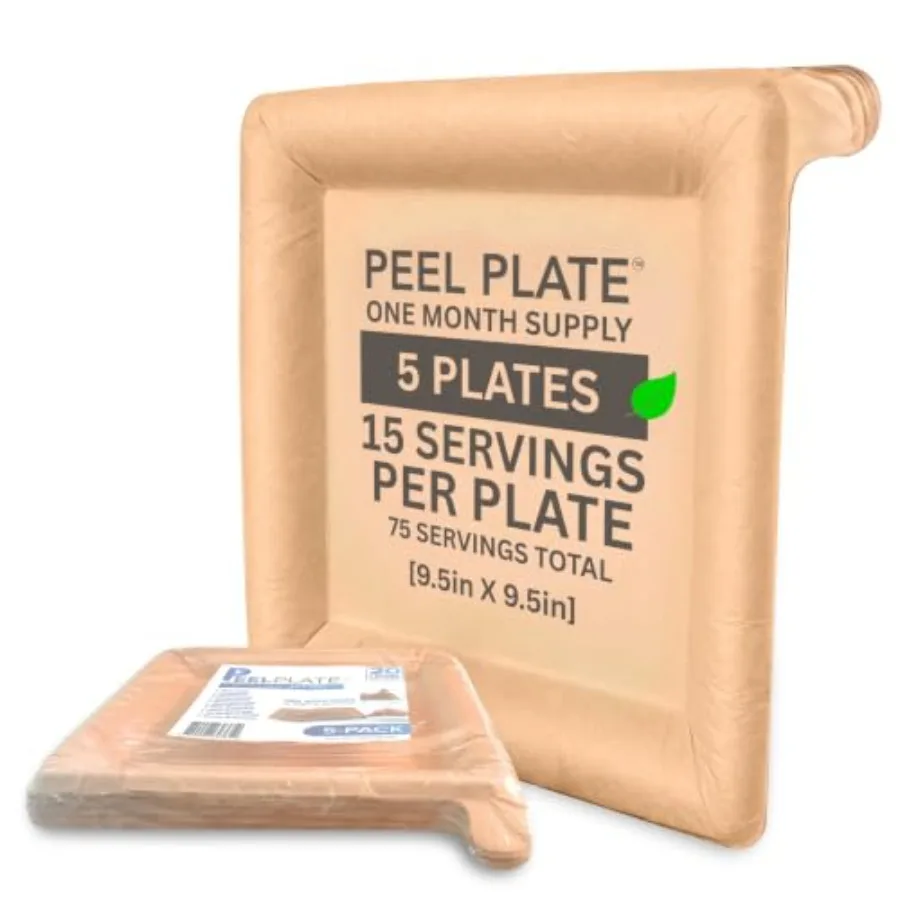 

Peel Plate [5-Pack] 75 Servings Total - Large 9.5in X 9.5in Multi-Use Reusable Paper Plates 90% Less Waste For Home or On-The-G