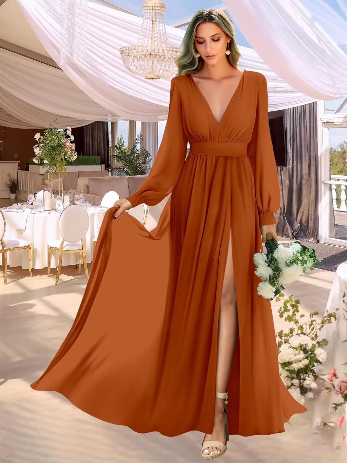 Abiti da damigella d'onore a maniche lunghe con abiti da festa di nozze pieghettati con spacco Abito da sera lungo in chiffon con scollo a V