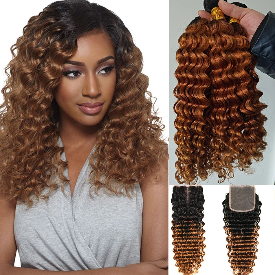 12A Ombre brazylijski naturalne kręcone włosy 3 wiązki z zamknięciem Ombre Deep Wave 3 wiązki 100% ludzkich włosów z zamknięciem