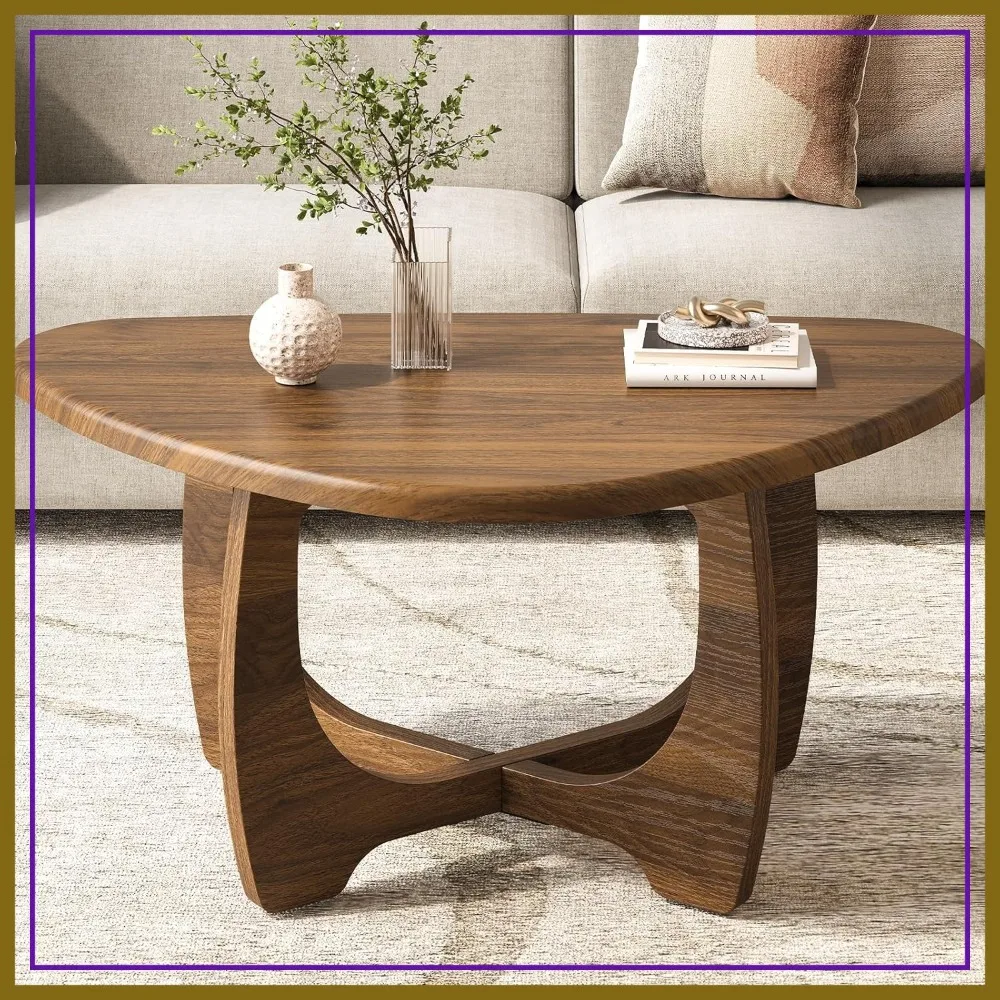 

Mid Century Modern Coffee Table, Triangle Top Oval Tea Table, Solid Wood Legs, 35.8"x22.5"x16.2", Walnut