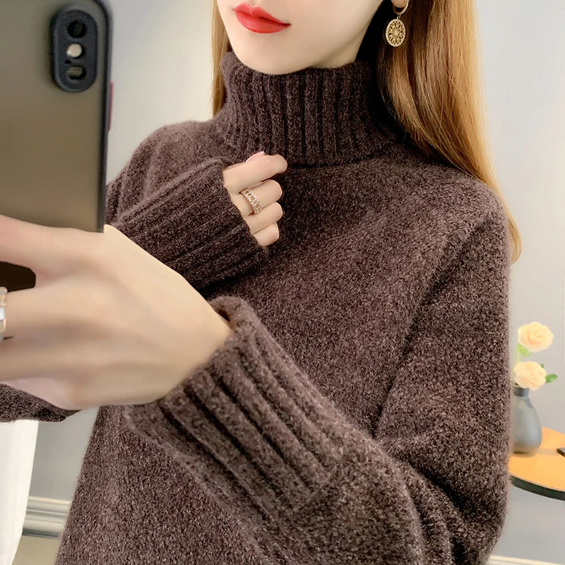 المرأة عالية الياقة Thiened المنك المخملية سترة فضفاضة Fce اصطف كسول Sle محبوك أعلى دافئ دافئ لون نقي تخفيف #2