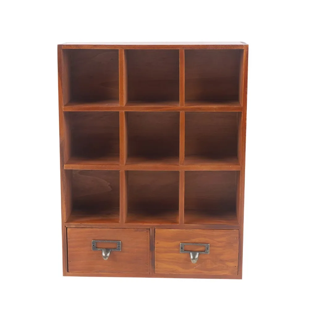 9 Grids Wooden Shelf Bookcase Vintage Wooden Storage Shelves Office Organizer Cabinet With 2 Drawers Living Room Furniture