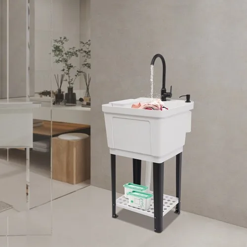 

Easy-Clean White Modern Freestanding Sink - Smooth Surface&Bottom Storage Rack, Generous Appearance Blends Into Various Spaces